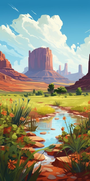 Illustration du paysage vibrant du Far West avec une cascade