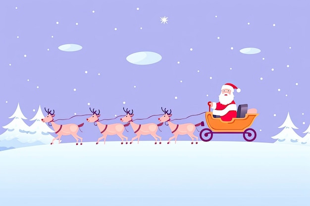 illustration du père Noël chevauchant une charrette à cerf dans la lumière de la neige avec espace de copie