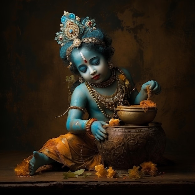 illustration du petit dieu Krishna volant du beurre dans un pot en argile