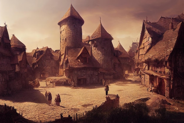 Une illustration du petit village médiéval fantastique Medieval Fantasy