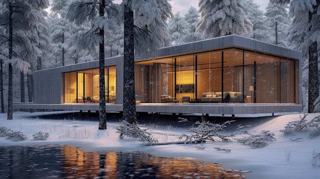 Illustration du projet de maison moderne dans la forêt d'hiver du nord confort moderne généré par l'IA