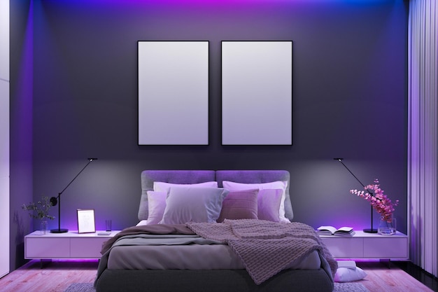 Illustration du rendu 3D de la maquette de l'affiche de la chambre à coucher moderne
