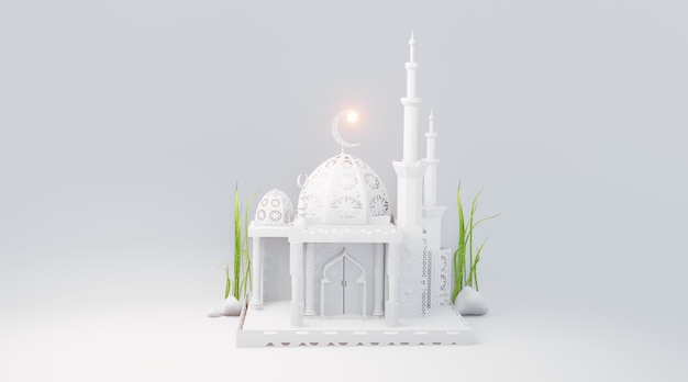 Illustration du rendu animé 3D de la mosquée du podium et du croissant de lune caractéristique de l'islam musulman