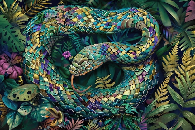 L'illustration du serpent orné au milieu d'une jungle dense implique le mystère et la nature