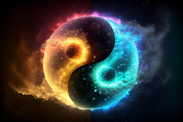 Illustration du symbole cosmique yin yang concept tao avec lueur arc-en-ciel AI