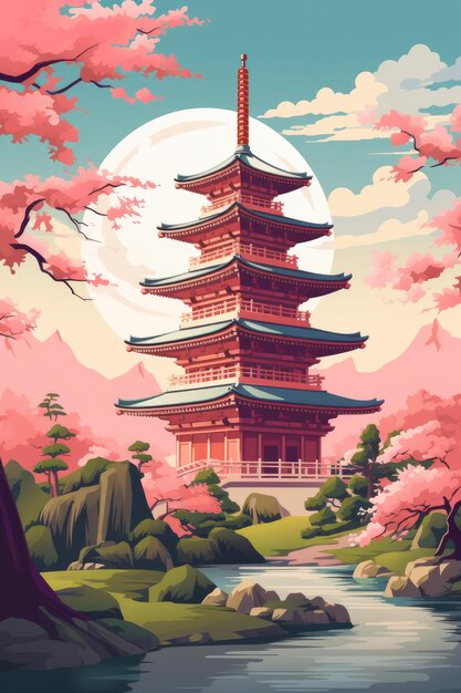 Photo illustration du temple japonais ou de la pagode asiatique et des montagnes en arrière-plan