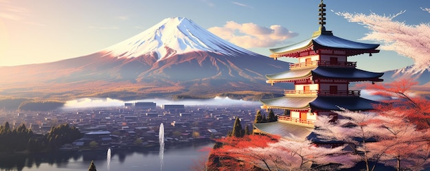Illustration du temple japonais ou de la pagode Chureito et des montagnes Fuji en arrière-plan