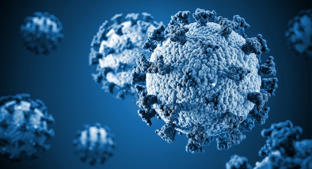 Illustration du virus covid-19 en ton bleu. rendu 3D.