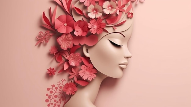 Illustration du visage et des fleurs en papier découpé et style néomorphisme IA générative