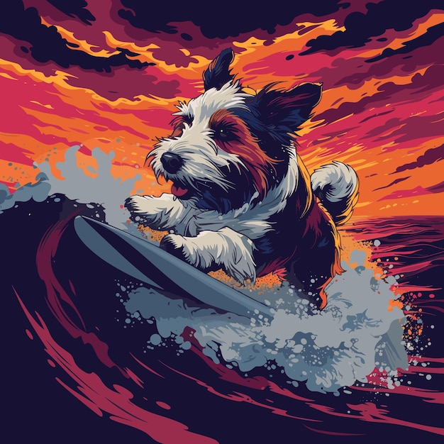 Une illustration dynamique d'un chien surfant sur une vague au coucher du soleil avec des teintes vives d'orange et de rose pa