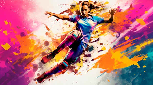 Illustration dynamique de la Coupe du Monde Féminine de la FIFA avec une joueuse qui saute et des éclaboussures de peinture éclatantes AI générative