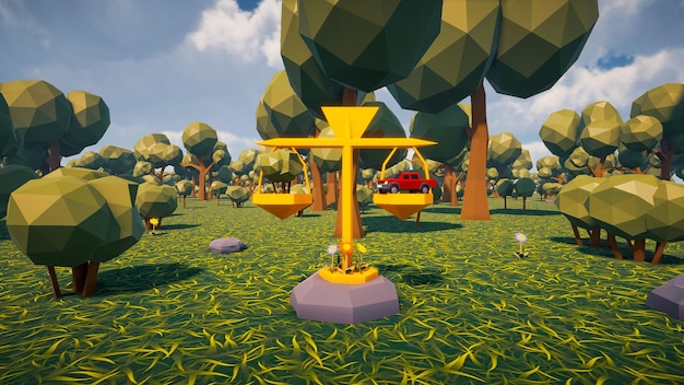 Illustration d'une échelle qui équilibre la nature et l'industrie avec un paysage virtuel en arrière-plan conçu en rendu 3d low poly