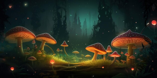 Illustration éclairage de champignons magiques fabuleux