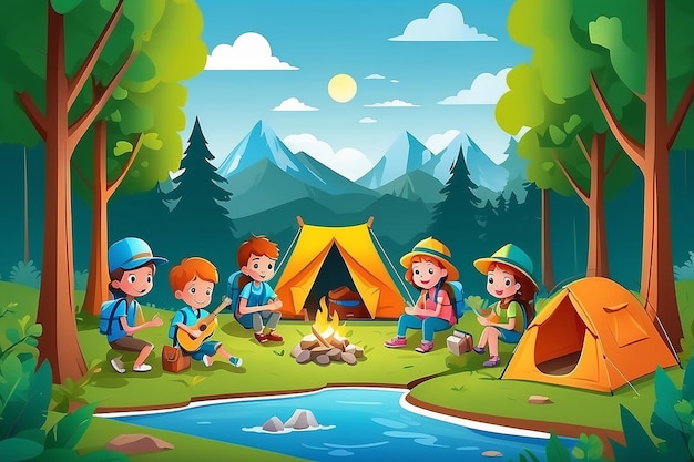 Illustration de l'éducation des enfants en camp d'été avec des enfants faisant des activités apprécient sur le camping de jour idée créative style d'art sur papier vecteur