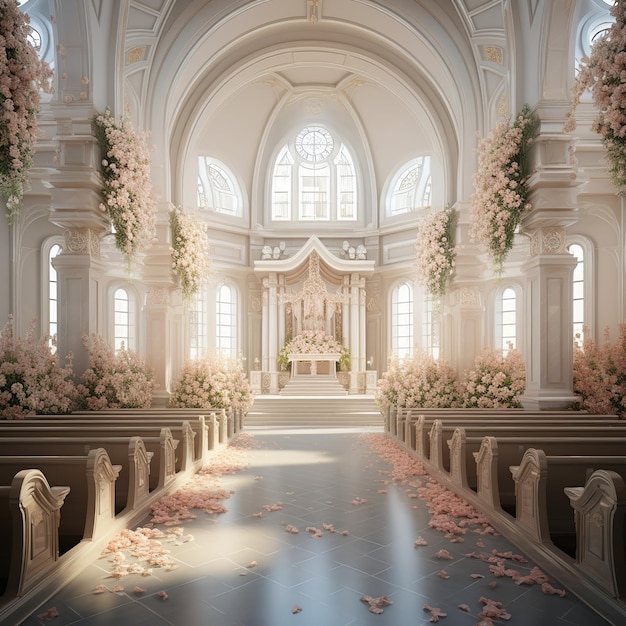 illustration d'une église de mariage qui dégage un doux halo pendant