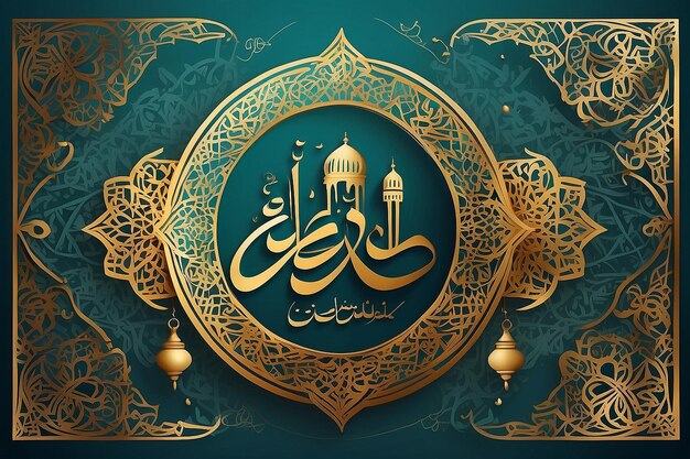 Illustration de l'Eid Kum Mubarak avec une calligraphie arabe complexe pour la célébration