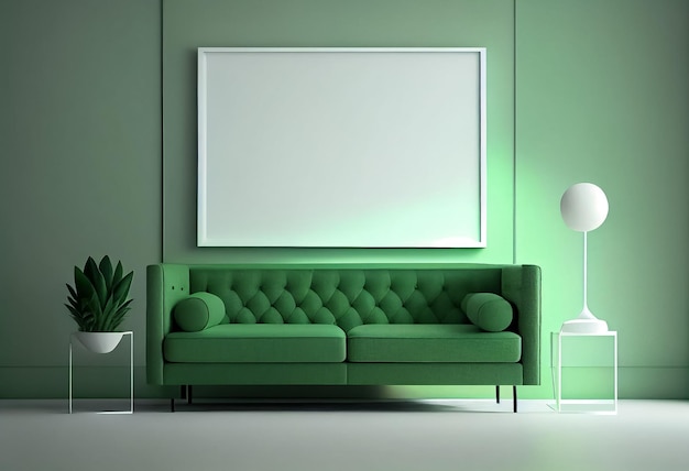 Illustration d'un élégant salon vert et blanc moderne avec un canapé confortable et un cadre vide sur le mur