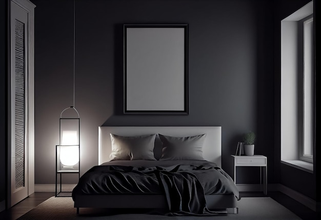 Illustration d'une élégante chambre moderne en noir et gris foncé avec un lit confortable et un cadre vide sur le mur AI