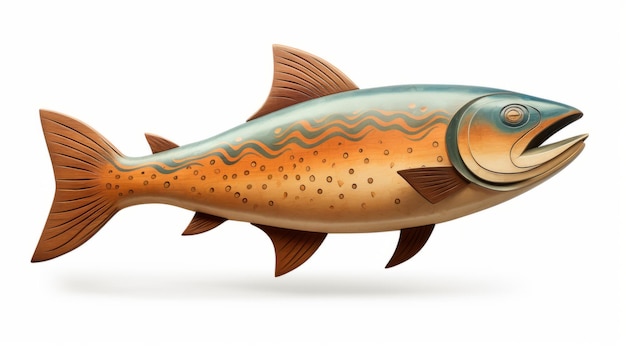 Illustration élégante de poisson sculpté en bois sur fond blanc