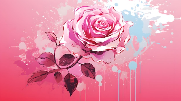 Photo illustration élégante d'une rose avec des éclaboussures d'aquarelle créées par ai