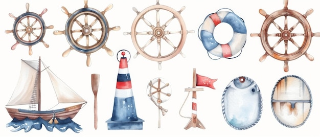 Photo illustration avec des éléments nautiques, des symboles de gréement, des bouées de sauvetage, des signaux de direction, des drapeaux d'isolement sur blanc
