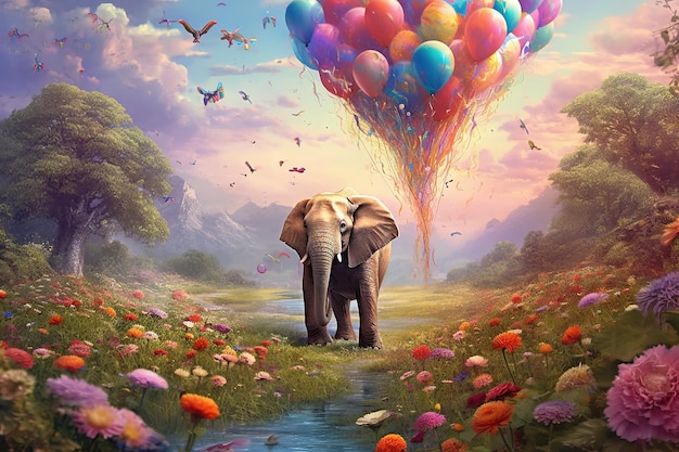 Illustration d'éléphant en ballons et fleurs Ai générative