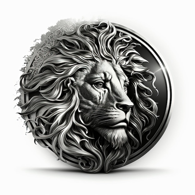 Illustration de l'emblème, amulette de lion en cercle argenté, logo, fond blanc. IA générative