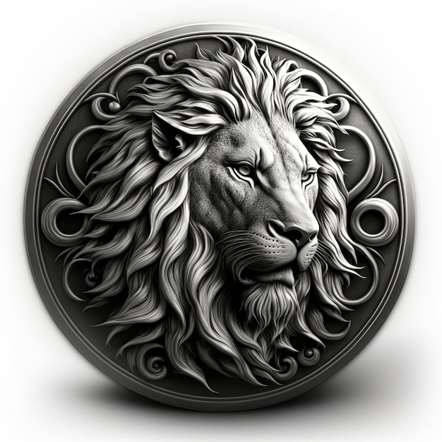 Illustration de l'emblème, amulette de lion en cercle argenté, logo, fond blanc. IA générative