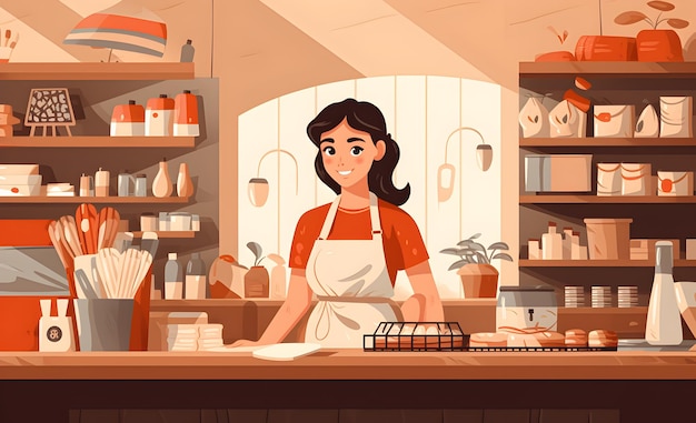 Illustration Employée de magasin souriante Magasin de détail Épicerie Boulangerie Pharmacie Une femme en tablier travaillant dans un marché Generative AI