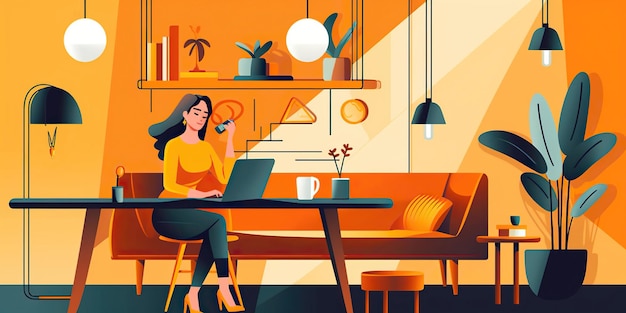 Illustration d'une employée souriante assise dans un espace de coworking travaillant assidûment sur un projet Son regard concentré et son expression déterminée reflètent son dévouement et son professionnalisme AI générative