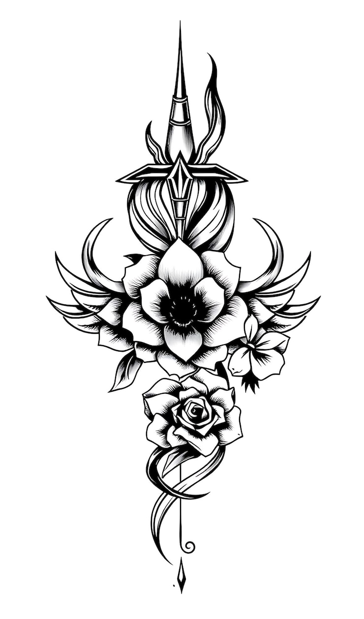 Photo illustration à l'encre noire d'un poignard perçant une rose et une fleur aux ailes