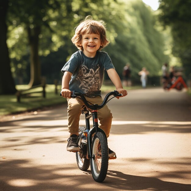 illustration d'un enfant apprenant à faire du vélo dans le parc