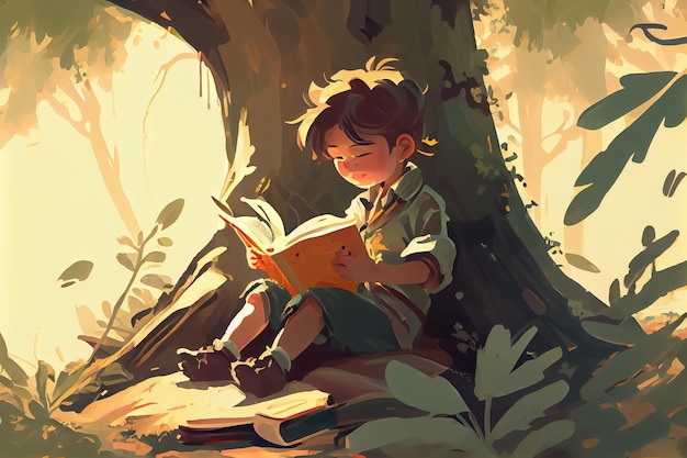 Illustration d'un enfant curieux avec un livre dans une forêt magique dans l'imagination AI