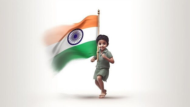 Illustration d'un enfant avec un drapeau indien pour le jour de l'indépendance de l'Inde et le jour de la république Generative Ai