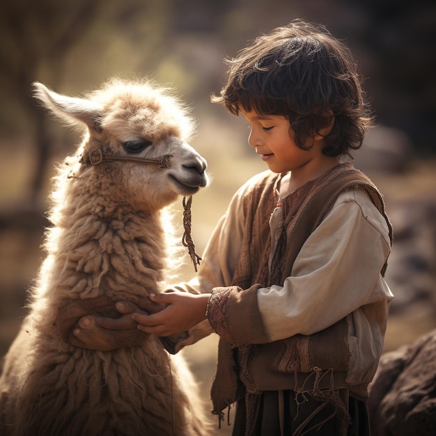 Illustration d'un enfant latin jouant avec un alpaca photo à haute résolution