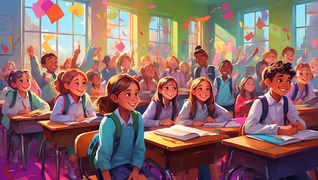 Illustration d'enfants d'école dans une salle de classe dynamique représentant divers élèves engagés dans diverses activités