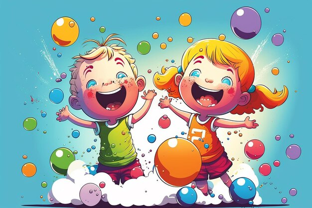 Illustration d'enfants heureux avec des bulles de soupe colorées ai générative