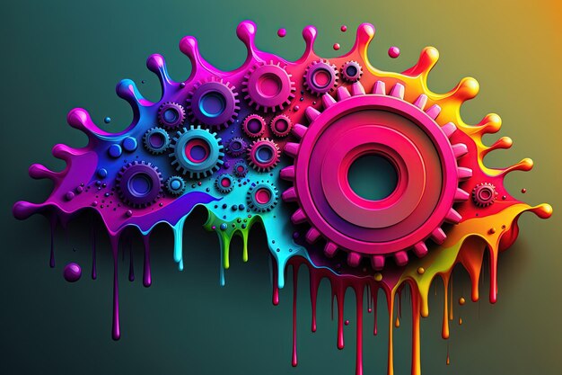 Illustration d'engrenages colorés et de gouttes de peinture fond coloré AI générative