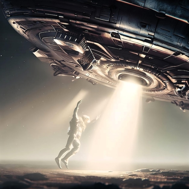Illustration d'un enlèvement d'un vaisseau extraterrestre vers une autre planète ou dimension dans le concept artistique