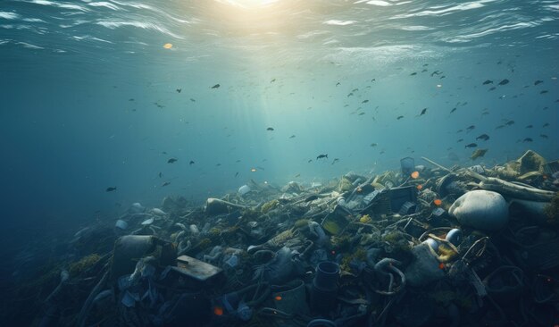 Illustration d'une énorme quantité de déchets flottant dans l'océan polluant l'environnement AI