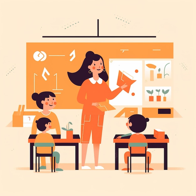 Illustration d'un enseignant aidant de jeunes étudiants