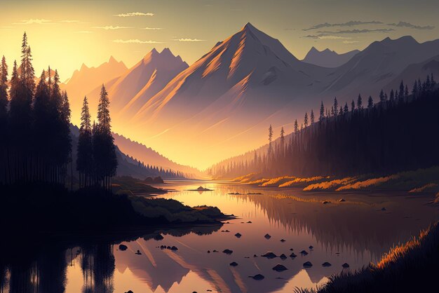 Illustration d'un environnement rural avec une rivière à l'aube et au coucher du soleil et une forêt de montagnes