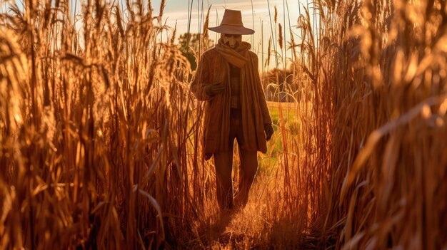 Photo une illustration d'un épouvantail se baignant dans la lumière étrange d'un feu d'halloween jetant de longues ombres sur l'herbe haute d'un champ ia générative