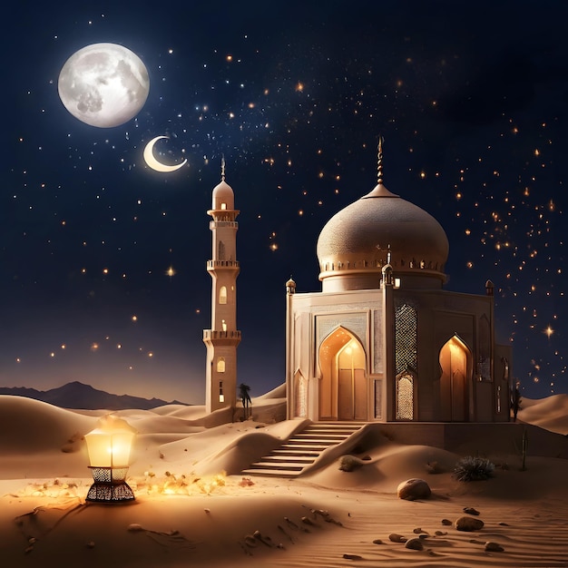 l'illustration est l'affiche pour Eid Mu Mura avec une mosquée et une lune