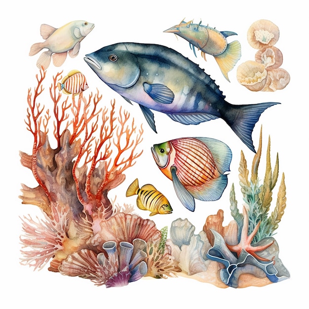 Illustration esthétique à l'aquarelle de la vie océanique