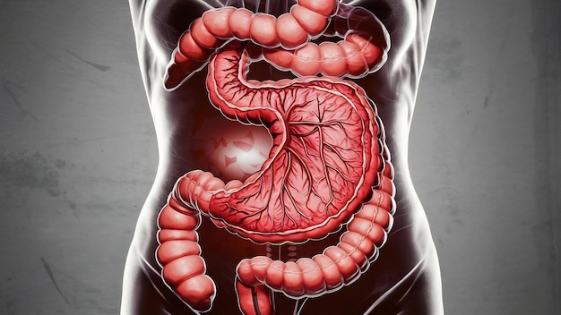 L'illustration de l'estomac et du gros intestin est sur le corps de la femme sur un fond gris