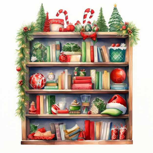 Illustration d'une étagère avec des décorations et des ornements de Noël