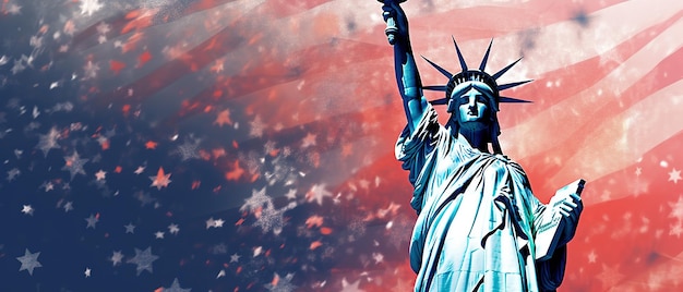 Photo illustration des états-unis 4 juillet jour de l'indépendance statue de la liberté étoile rouge et bleue ai généré