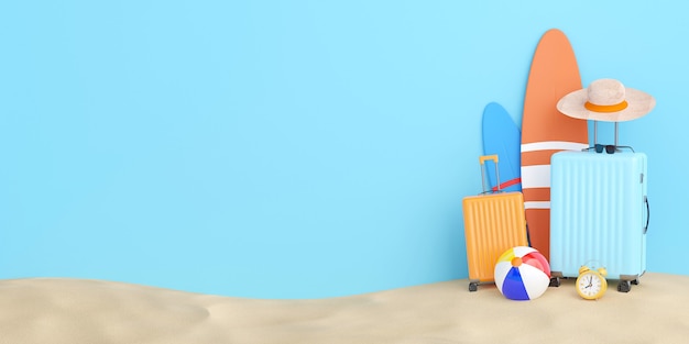 Illustration d'été 3D de valise, planche de surf et accessoires de voyage.