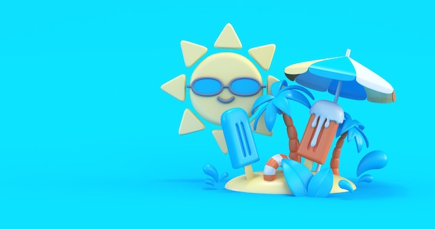 illustration d'été fantastique sur fond bleu rendu 3D